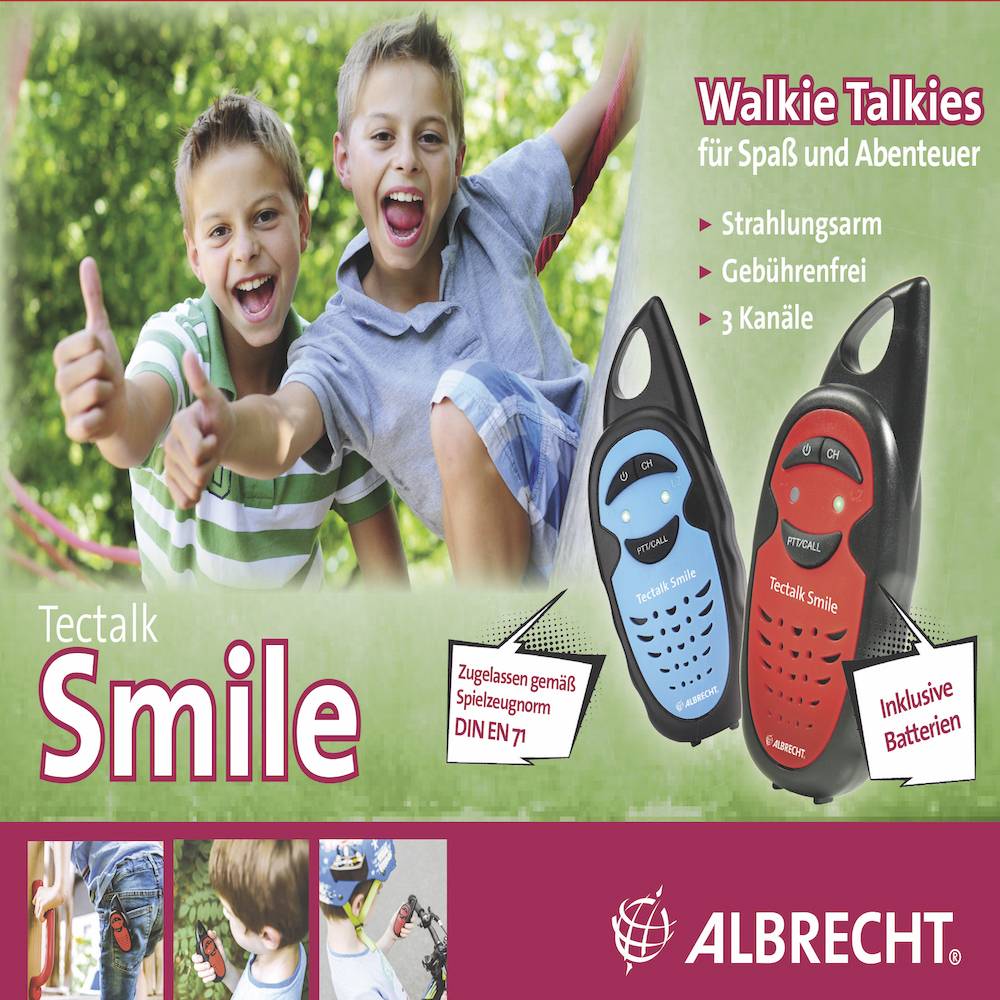 Deux enfants rieurs jouent avec des talkies-walkies colorés. Texte : 'Talkies-walkies pour s'amuser et faire des aventures', 'Faible rayonnement', 'Sans frais', '3 canaux', 'Piles incluses'.