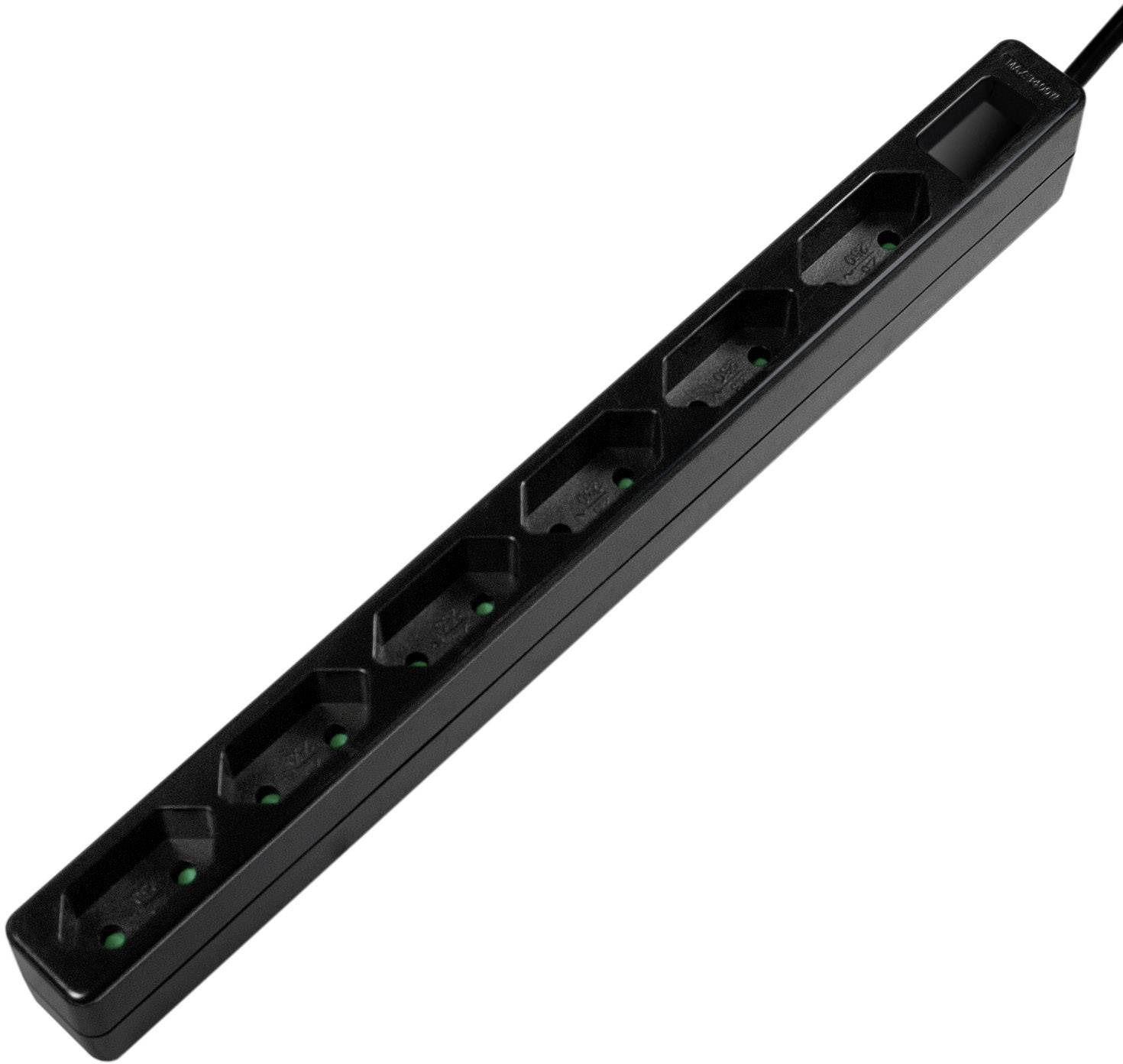 Une barrette d'alimentation noire à six prises et un interrupteur marche/arrêt, adaptée pour connecter plusieurs appareils électriques.