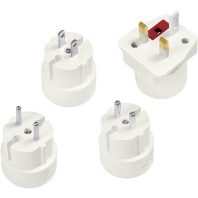 Quatre adaptateurs de voyage blancs pour différents types de prises, comprenant des fiches à deux et trois broches. Idéaux pour les voyages internationaux.