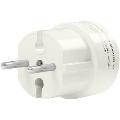 Un adaptateur secteur blanc avec deux fiches métalliques rondes pour se connecter à une prise électrique, compatible avec les normes allemandes de prises de courant.