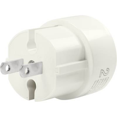 Un adaptateur blanc avec deux broches métalliques pour une utilisation dans des prises internationales, adapté aux voyages.