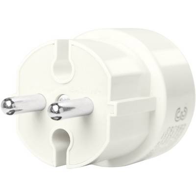 Un adaptateur secteur blanc avec deux broches métalliques, adapté aux prises électriques européennes.