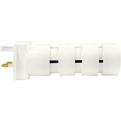 Un adaptateur secteur blanc cylindrique avec plusieurs connexions, adapté à différents types de prises et tensions.