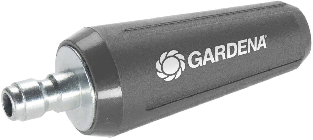 Arrêt d'eau gris de Gardena avec raccord métallique, destiné à interrompre automatiquement l'alimentation en eau lors du retrait d'un tuyau d'arrosage.