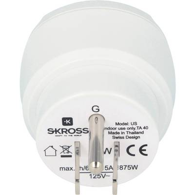 Adaptateur de voyage avec deux broches plates, compatible avec les fiches américaines. Marqué 'SKROSS', adapté pour 125V, maximum 6A, 1875W.