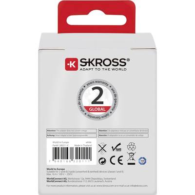 Dos d'un emballage d'adaptateur SKROSS. Contient des spécifications, des avertissements de sécurité et des symboles pour une utilisation et une conformité mondiales.