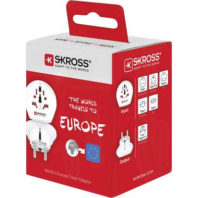 Un emballage rouge d'un adaptateur de voyage de SKROSS. Inscription : « Le monde voyage vers l'Europe », avec des illustrations de prises électriques et d'adaptateurs.
