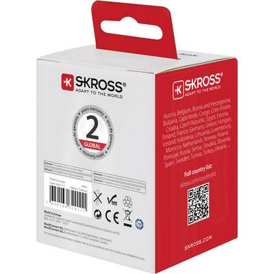 Emballage d'un adaptateur de voyage SKROSS, rouge et blanc, avec informations sur les pays et un code QR donnant accès à la liste complète des pays.