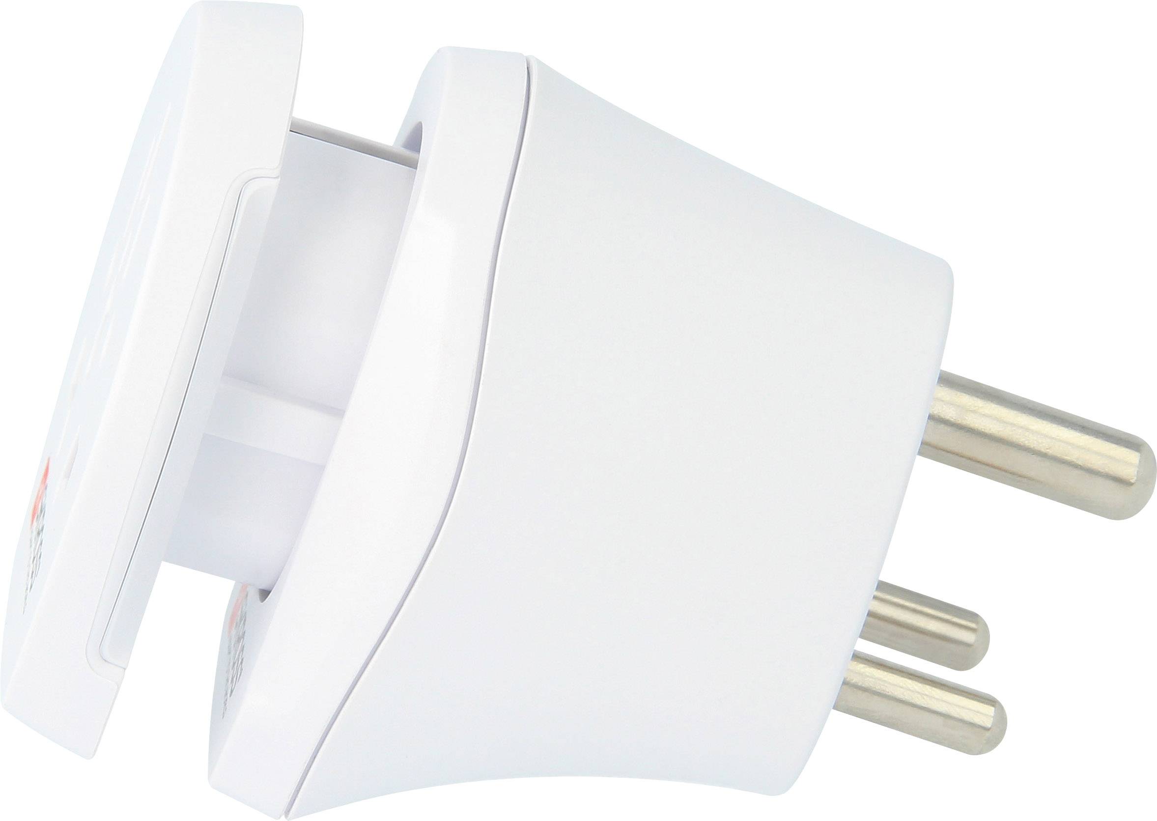 Prise électrique blanche avec trois broches métalliques rondes, représentée de côté.