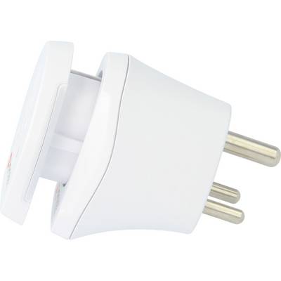 Prise électrique blanche avec trois broches métalliques rondes, représentée de côté.