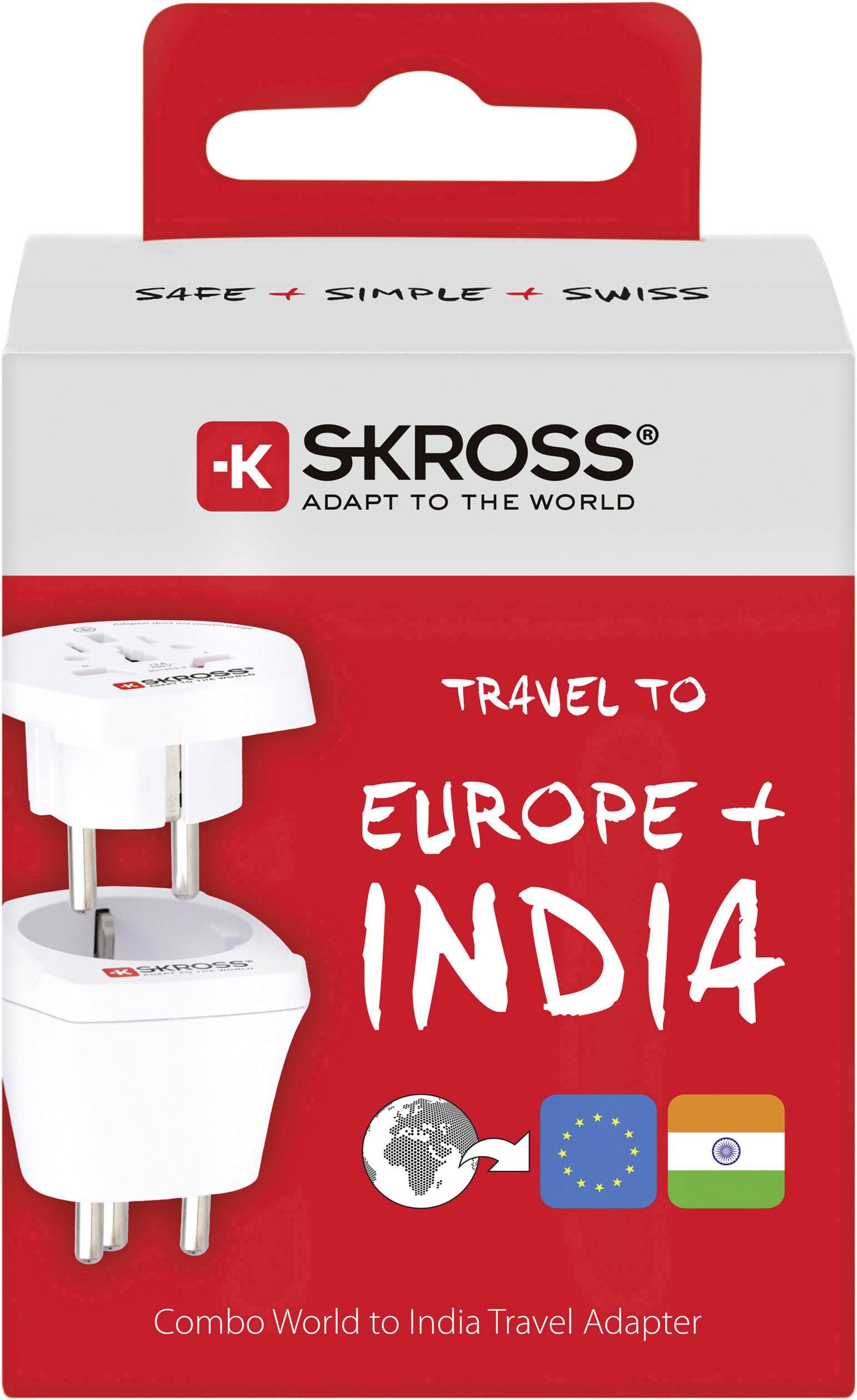 Adaptateur de voyage SKROSS pour l'Europe et l'Inde, avec des adaptateurs blancs et des drapeaux des pays.
