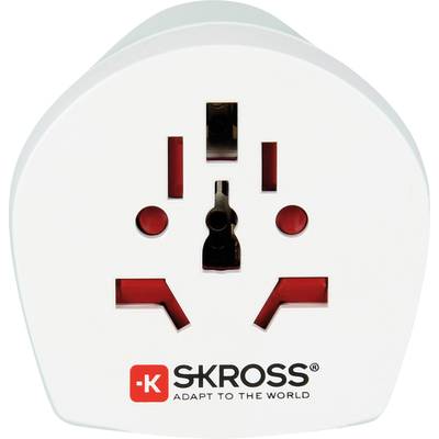 Adaptateur de voyage universel Skross en blanc avec des détails rouges et logo, adapté aux différents types de prises internationales.
