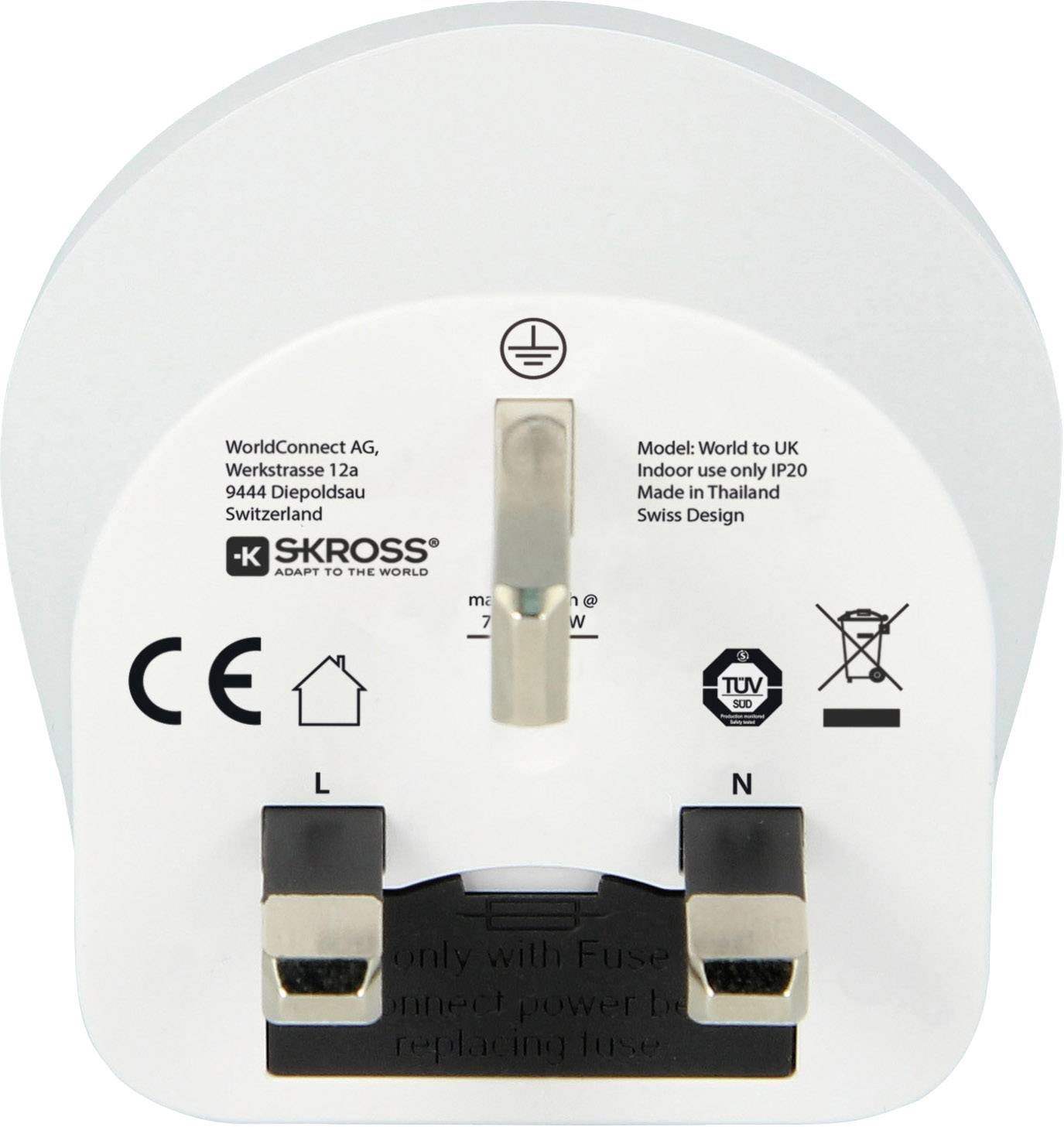 Adaptateur de voyage universel, compatible avec les prises britanniques. Nom de marque et symboles techniques visibles. Informations du fabricant : Swiss Design, WorldConnect AG.