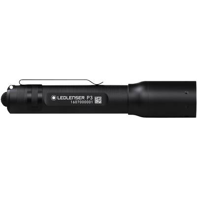 Lampe de poche LED noire avec clip et texte 'LEDLENSER P3 1607000001' imprimé. Elle a une forme cylindrique et une surface texturée.