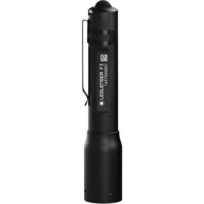 Lampe de poche LED noire avec logo d'entreprise personnalisé, poignée antidérapante et clip pratique pour la fixation sur des vêtements ou des sacs.