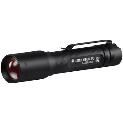 Une lampe de poche LED noire avec clip portant l'inscription 'Ledlenser P3'.