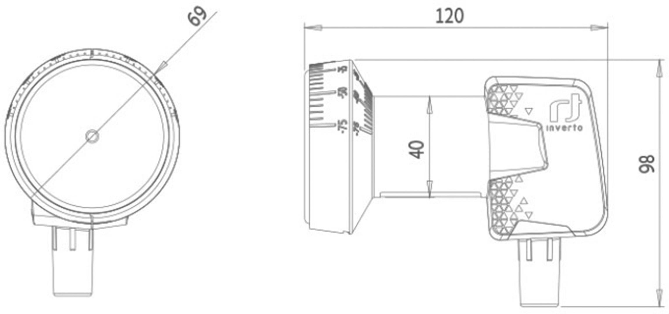 Dessin technique d'un LNB avec dimensions : diamètre de 69 mm, longueur de 120 mm, hauteur de 98 mm. Présente les détails de connexion et le design du boîtier.
