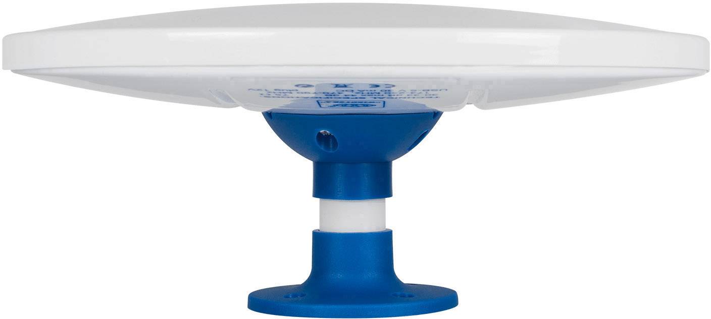 Support d'antenne blanc et bleu, vue latérale, monté sur un socle solide bleu. Idéal pour les applications maritimes.