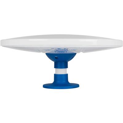 Support d'antenne blanc et bleu, vue latérale, monté sur un socle solide bleu. Idéal pour les applications maritimes.