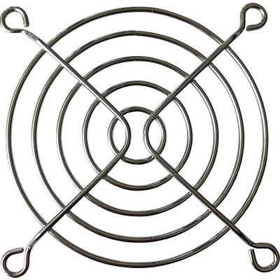 Une grille de protection en argent métallique, composée d'anneaux concentriques reliés par quatre supports en forme de C aux angles.