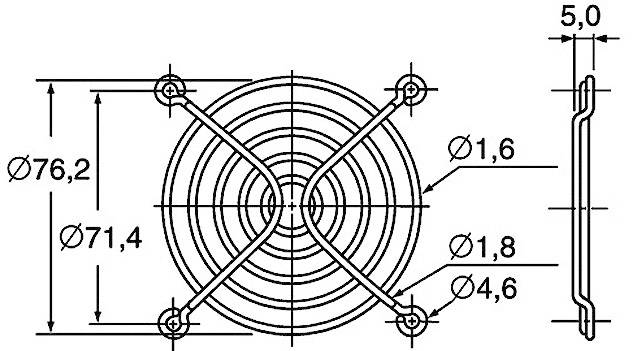 Dessin technique d'une grille de ventilateur avec dimensions. Diamètre total 76,2 mm, distance entre les anneaux intérieurs 71,4 mm, diamètre du fil 1,6 mm, profondeur totale 5,0 mm.