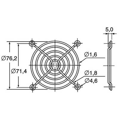 Dessin technique d'une grille de ventilateur avec dimensions. Diamètre total 76,2 mm, distance entre les anneaux intérieurs 71,4 mm, diamètre du fil 1,6 mm, profondeur totale 5,0 mm.