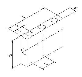 Dessin isométrique d'un bloc rectangulaire avec des trous circulaires et des dimensions B, L et C, sur une grille transparente.