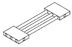 Dessin isométrique d'un élément rectangulaire avec trois cylindres parallèles reliant deux plaques carrées.