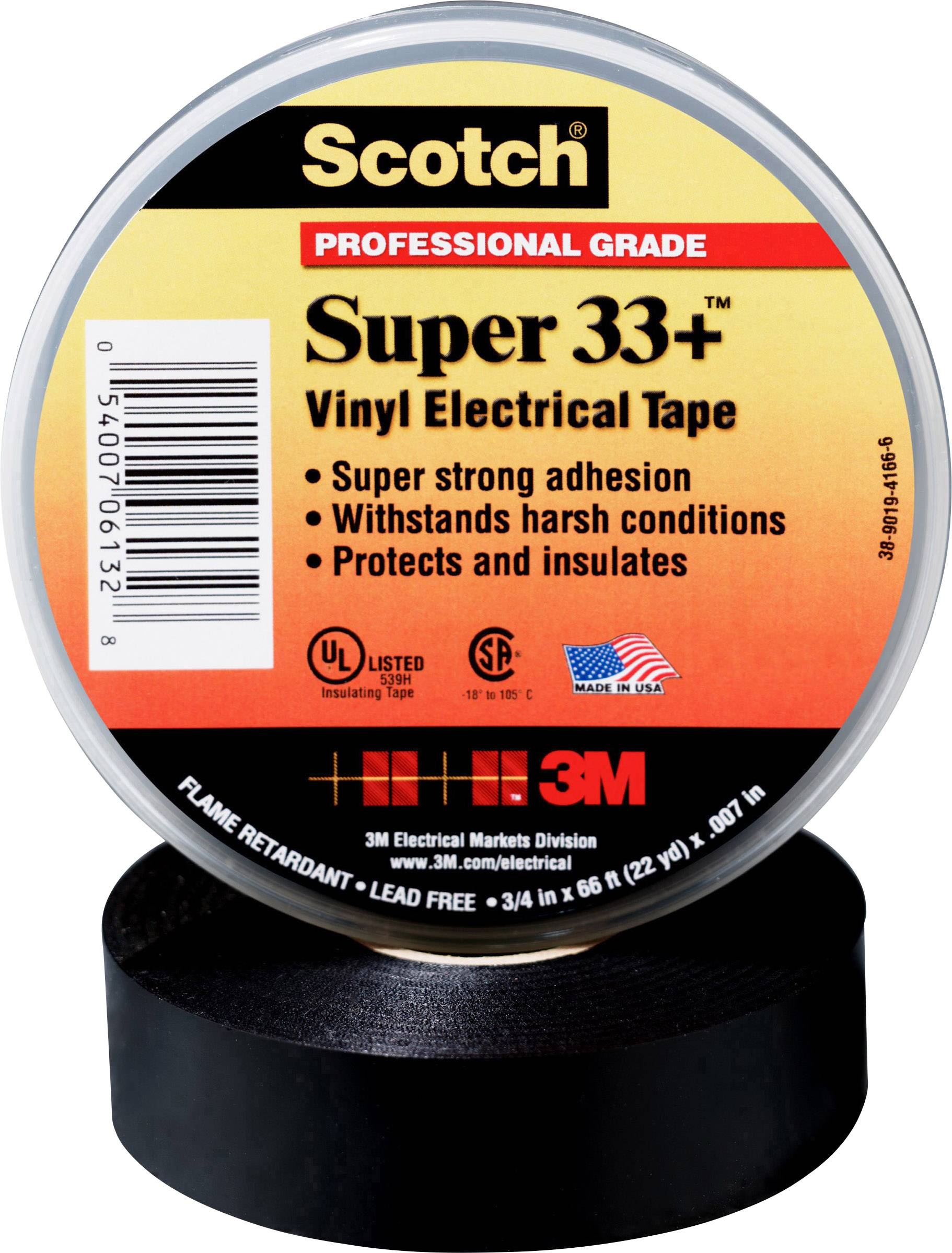 Ruban isolant en vinyle 3M Scotch Super 33+ de qualité professionnelle, noir,  19 mm x 20 m (3/4 po x 66 pi)