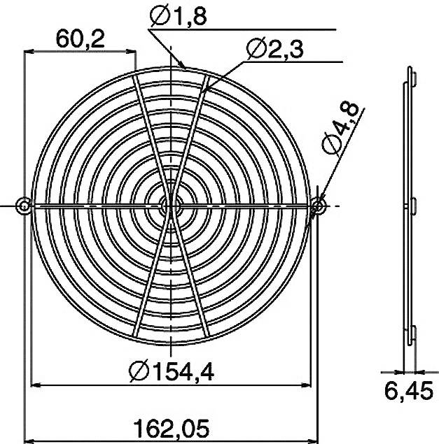 Dessin technique d'une grille de ventilation ronde. Diamètre principal de 162,05 mm. Épaisseurs de fil de 1,8 mm, 2,3 mm et 4,8 mm indiquées. La vue latérale montre une épaisseur de 6,45 mm.