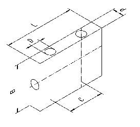 Un dessin technique d'un bloc rectangulaire tridimensionnel avec deux perçages et des lignes de cotation dans différentes vues.