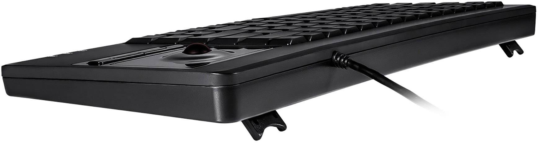 Clavier ergonomique noir avec trackball intégré et pieds pliables, offrant confort et gain de place sur le bureau.