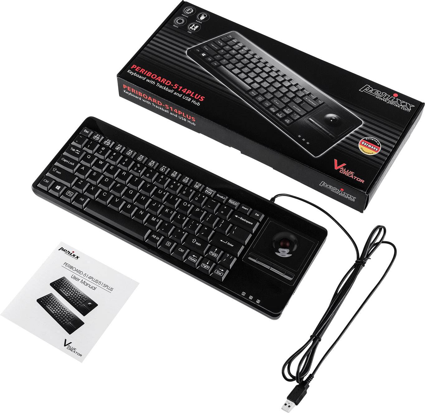 Clavier Perixx 'PERIBOARD-514R PLUS' avec emballage et mode d'emploi. Comprend un câble avec connexion USB.