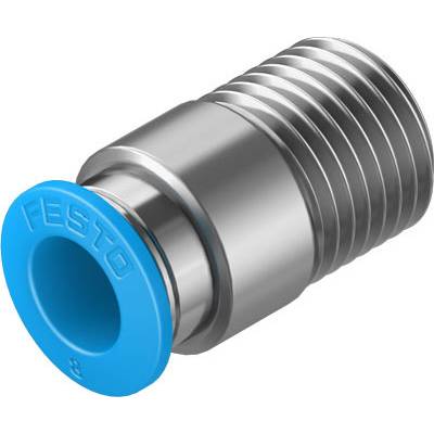 Connecteur pneumatique métallique avec base en plastique bleu, disposé horizontalement. Utilisé pour les connexions d'air comprimé dans les systèmes industriels.