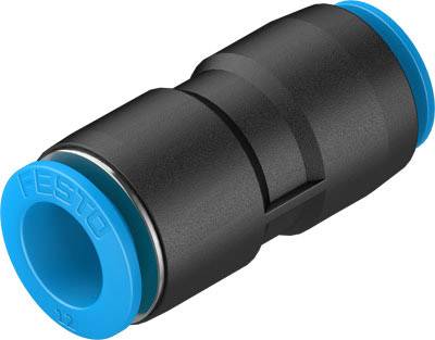 Connecteur pneumatique noir avec embouts bleus, modèle Festo. Utilisé pour raccorder de manière sécurisée les tuyaux dans les systèmes à air comprimé.