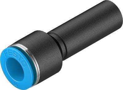 Un raccord pneumatique noir avec un anneau de connexion bleu de Festo. Convient pour les connexions d'air comprimé dans les systèmes d'automatisation.