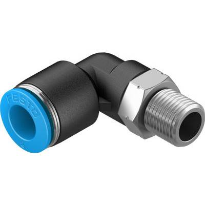 Un raccord pneumatique à angle droit avec joint d'étanchéité bleu et raccord fileté argenté. Utilisé pour connecter des tuyaux.