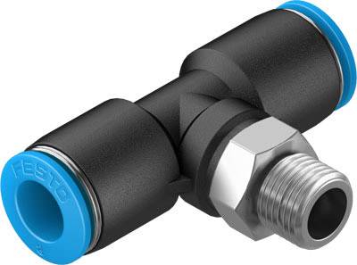 Raccord en T en plastique noir avec embouts bleus et un raccord fileté métallique à une extrémité.