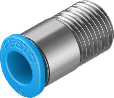 Raccord pneumatique métallique avec joint d'étanchéité bleu, adapté aux installations de tuyauterie. Le marquage indique 'Festo'.