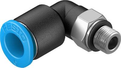 Un connecteur pneumatique d'angle à 90 degrés noir avec un anneau bleu Festo et un raccord fileté métallique à droite.