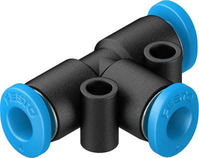 'Connecteur en T noir avec embouts de terminaison bleus.'