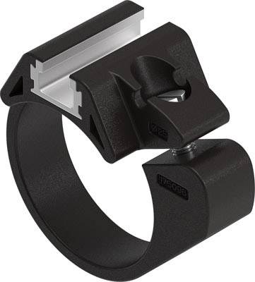 Collier de fixation noir, circulaire, avec vis et rail, adapté pour fixer des accessoires sur des tubes ou des barres.