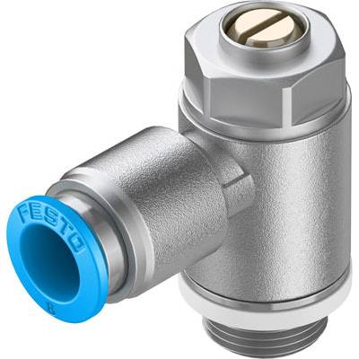 Pièce de raccordement d'angle en argent avec un raccord bleu portant l'inscription 'FESTO'. Elle est utilisée dans les systèmes pneumatiques.