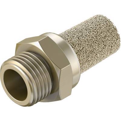 Un silencieux cylindrique fileté à l'extérieur et équipé d'un filtre poreux, utilisé pour réduire le bruit dans les systèmes pneumatiques.
