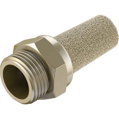 Silencieux métallique avec écrou hexagonal et corps cylindrique poreux, destiné à réduire le bruit dans les systèmes pneumatiques.