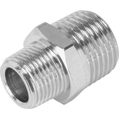 Adaptateur métallique, cylindrique, avec filetage externe aux deux extrémités, adapté pour les raccordements dans les systèmes de tuyauterie.