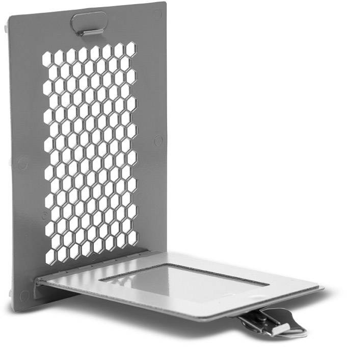 Plaque métallique avec motif de grille hexagonal et base pliante. Utilisée pour la ventilation ou comme support.