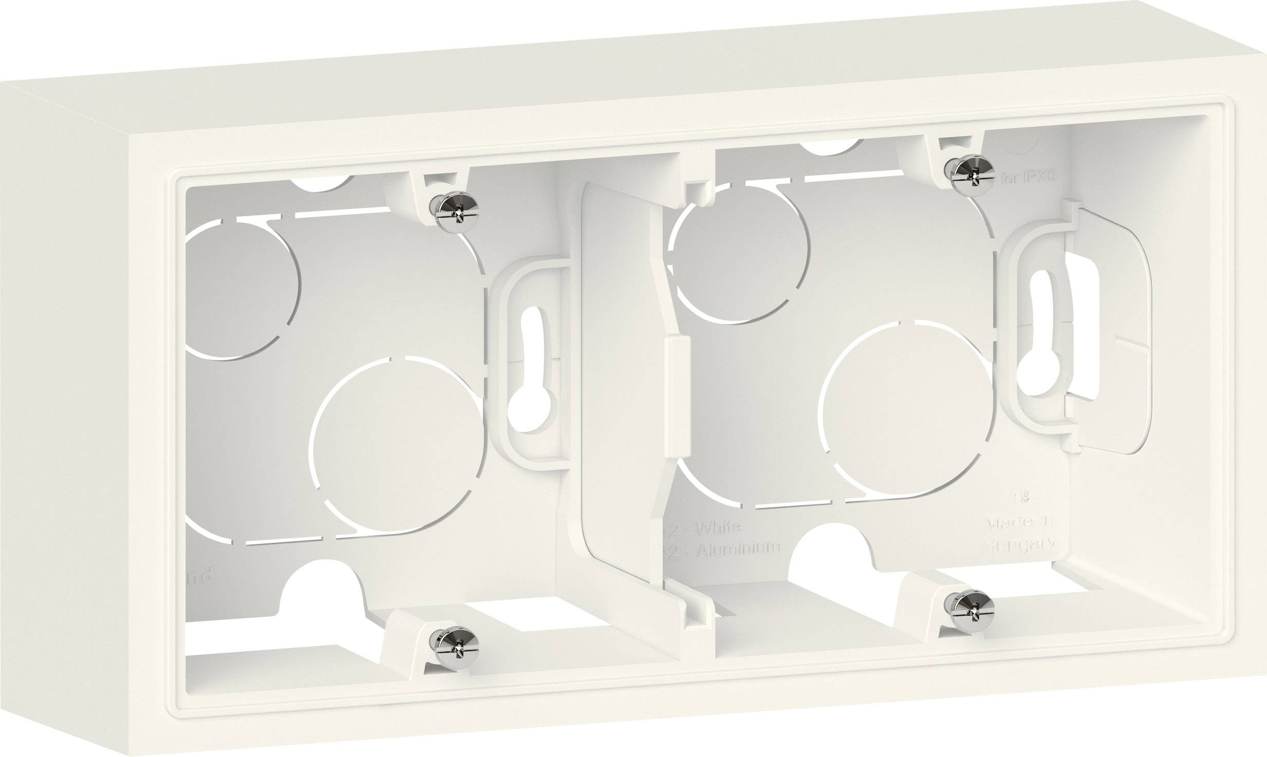 Boîte d'encastrement blanche pour deux interrupteurs ou prises, avec des ouvertures rondes pour les câbles et quatre trous de fixation.