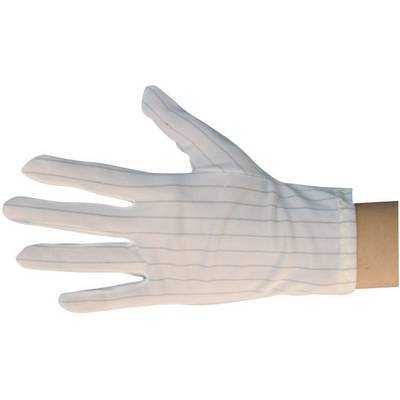 Gant blanche en coton tendue sur une main, avec un léger motif rayé visible.
