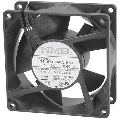 'Ventilateur noir avec étiquette ronde au centre ; marque NMB, modèle 3615KL-04W-B50, 12 V CC, 0,60 A ; fabriqué en Chine.'